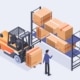 warehouse worker pointing at a shelf of boxes while a forklift is moving a box