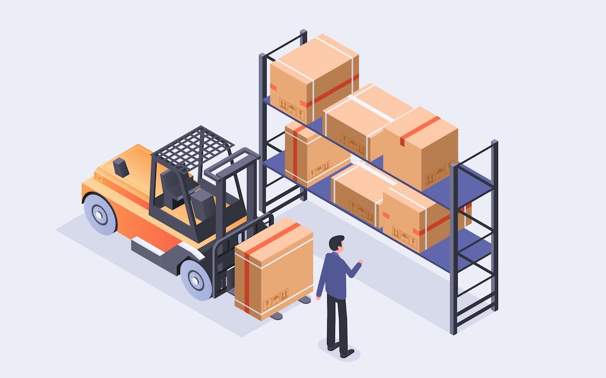 warehouse worker pointing at a shelf of boxes while a forklift is moving a box