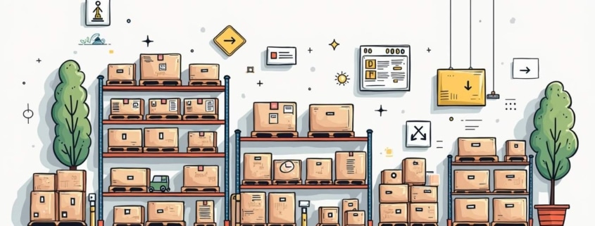 illustration of racks of boxes with warehouse labels