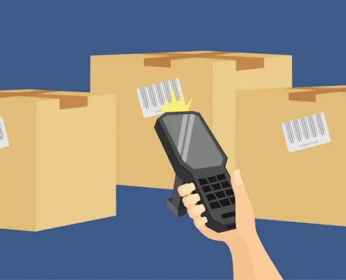 illustration of hand holding rugged barcode scanner near boxes