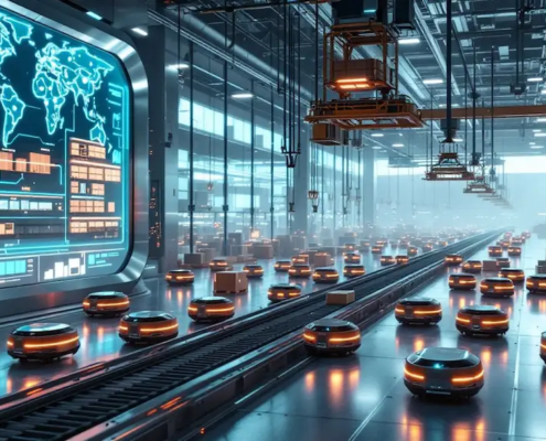 warehouse automation robots in futuristic illustration