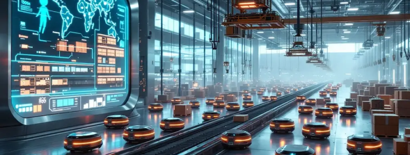 warehouse automation robots in futuristic illustration