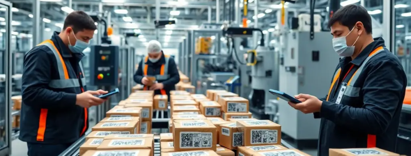 "Workers scanning QR-coded products in a supply chain serialization facility with automated technology."
