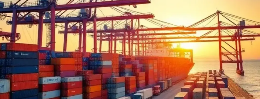 "Sunset at a busy shipping port showing cranes unloading containers, demonstrating supply chain challenges."