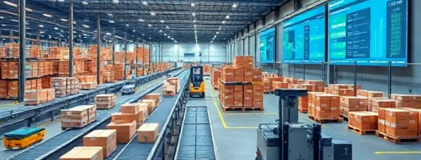 "Automated conveyor belts and robotic forklifts manage ending inventory in a modern distribution warehouse."