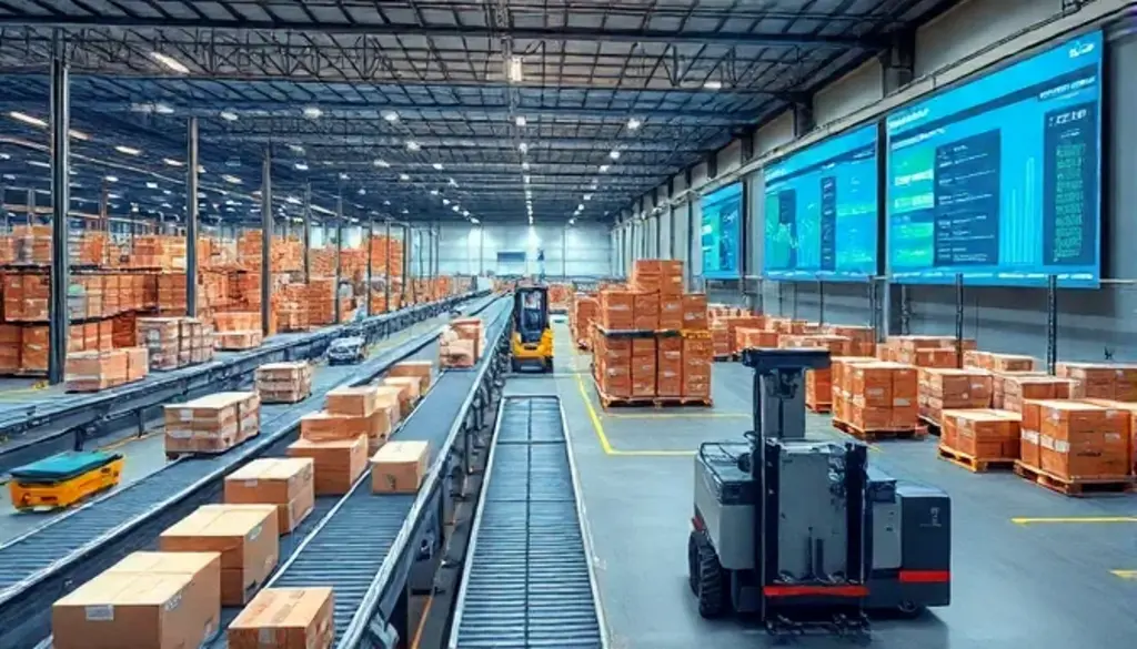 "Automated conveyor belts and robotic forklifts manage ending inventory in a modern distribution warehouse."