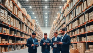 Workers using tablets to manage inventory in a modern, well-organized warehouse.