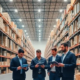 Workers using tablets to manage inventory in a modern, well-organized warehouse.