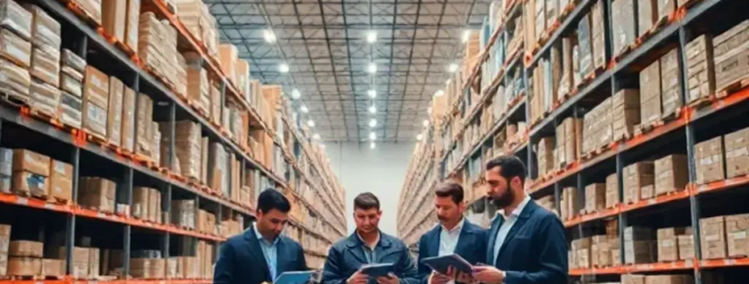 Workers using tablets to manage inventory in a modern, well-organized warehouse.