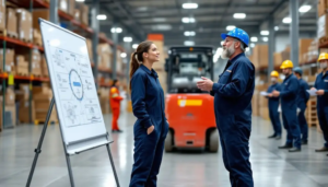male and female workers doing warehouse forklift safety training