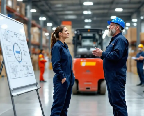 male and female workers doing warehouse forklift safety training