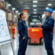 male and female workers doing warehouse forklift safety training