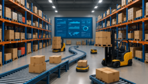 "Modern 3PL warehouse with robotic forklifts and IoT-enabled conveyor systems managing diverse inventory."