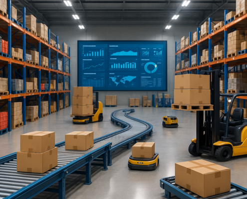 "Modern 3PL warehouse with robotic forklifts and IoT-enabled conveyor systems managing diverse inventory."