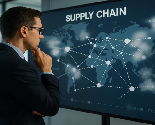 "Modern supply chain warehouse with robotic forklifts and digital transportation maps enhancing visibility."