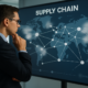 "Modern supply chain warehouse with robotic forklifts and digital transportation maps enhancing visibility."