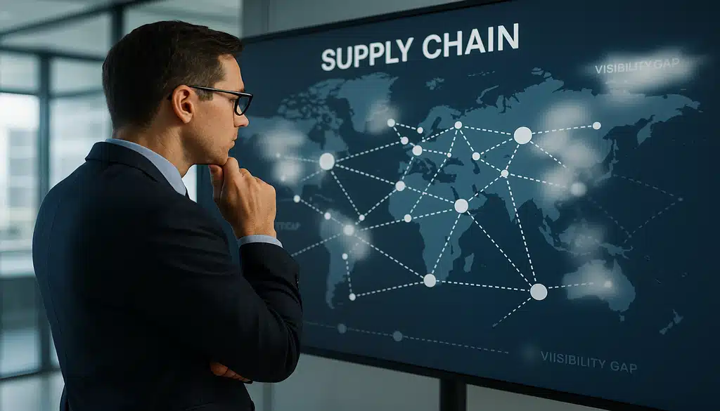 "Modern supply chain warehouse with robotic forklifts and digital transportation maps enhancing visibility."