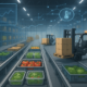 "Modern food supply chain warehouse with conveyor belts and robotic forklifts under bright lights, featuring real-time data displays."