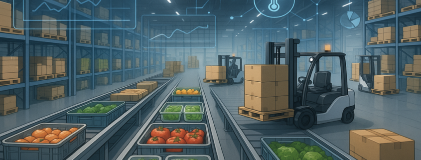 "Modern food supply chain warehouse with conveyor belts and robotic forklifts under bright lights, featuring real-time data displays."