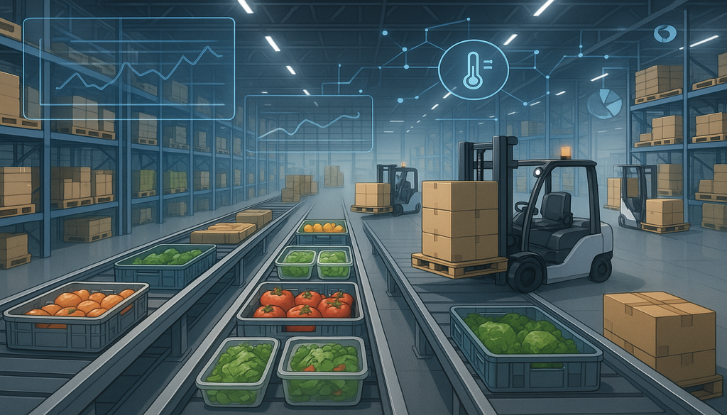 "Modern food supply chain warehouse with conveyor belts and robotic forklifts under bright lights, featuring real-time data displays."