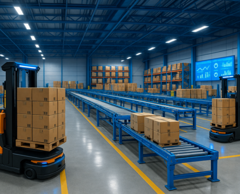Robotic forklifts and conveyor belts manage inventory in a technologically advanced warehouse.