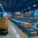 Robotic forklifts and conveyor belts manage inventory in a technologically advanced warehouse.