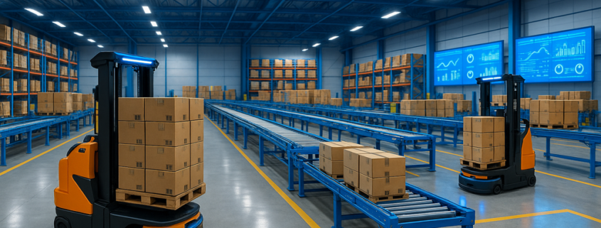 Robotic forklifts and conveyor belts manage inventory in a technologically advanced warehouse.