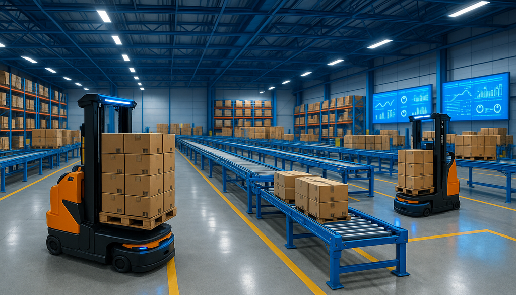 Robotic forklifts and conveyor belts manage inventory in a technologically advanced warehouse.