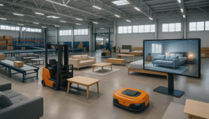 "Contemporary furniture warehouse with styled displays and robotic logistics for online sales."