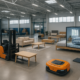 "Contemporary furniture warehouse with styled displays and robotic logistics for online sales."