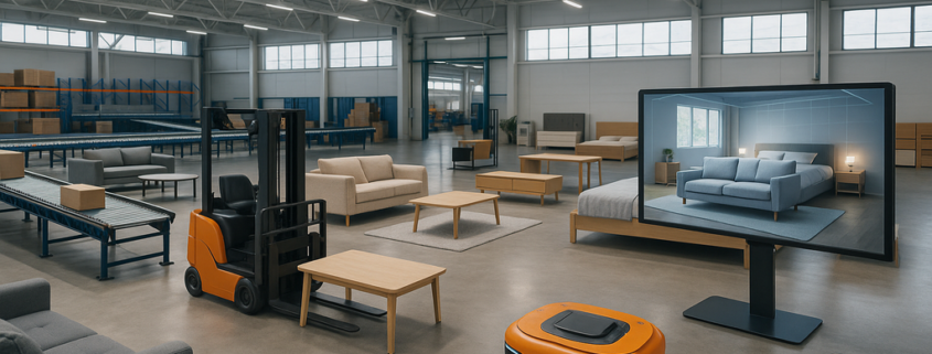 "Contemporary furniture warehouse with styled displays and robotic logistics for online sales."