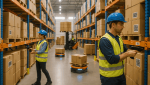 "Workers use handheld scanners on boxes with 1D and 2D barcodes in a modern warehouse."