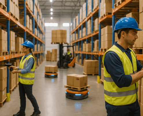 "Workers use handheld scanners on boxes with 1D and 2D barcodes in a modern warehouse."