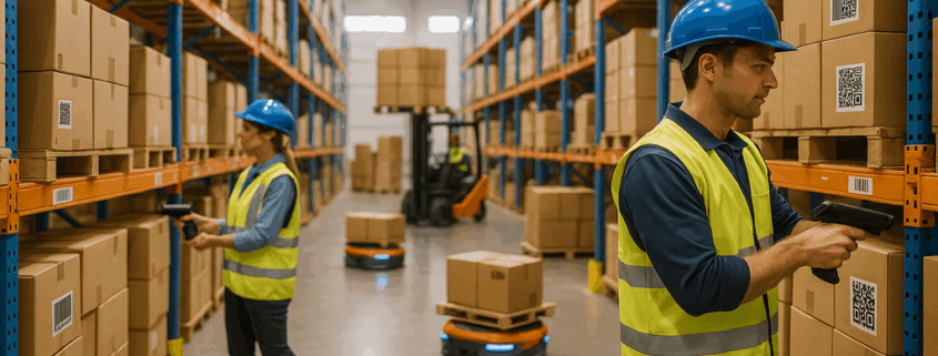 "Workers use handheld scanners on boxes with 1D and 2D barcodes in a modern warehouse."