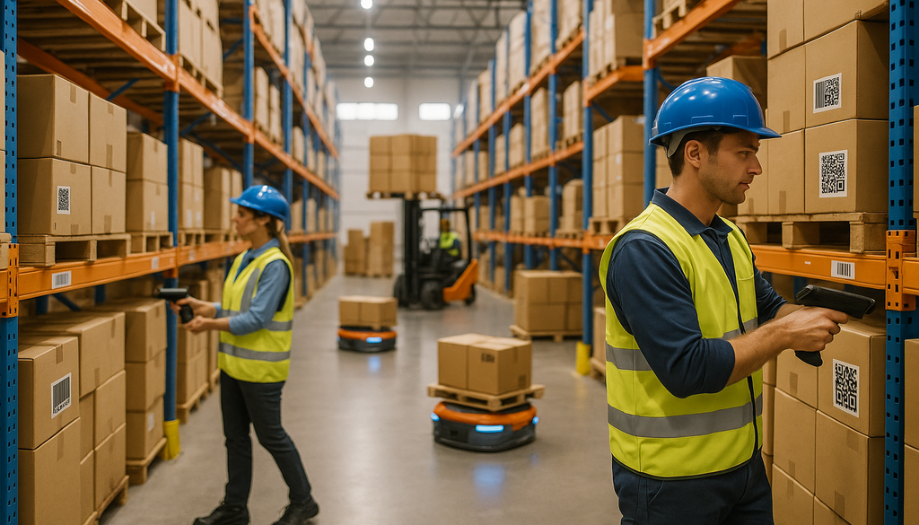 "Workers use handheld scanners on boxes with 1D and 2D barcodes in a modern warehouse."