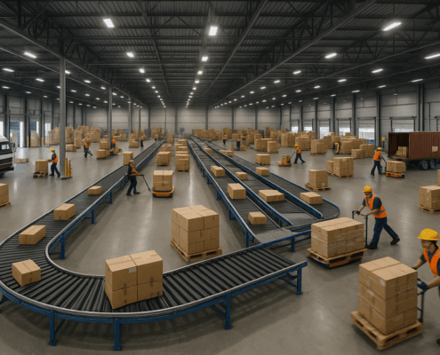 "Cross docking warehouse with workers and robots moving pallets between trucks."