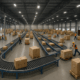 "Cross docking warehouse with workers and robots moving pallets between trucks."