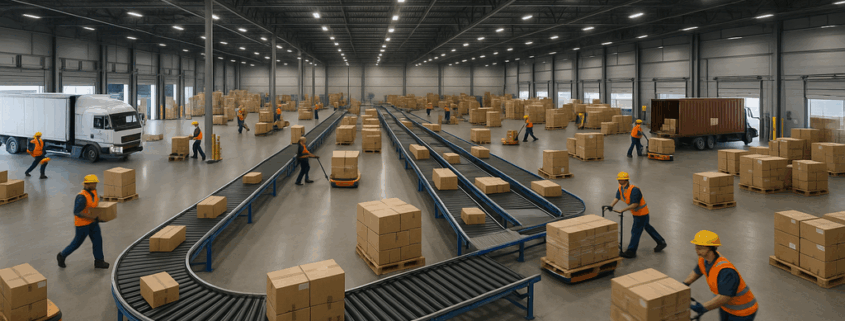 "Cross docking warehouse with workers and robots moving pallets between trucks."