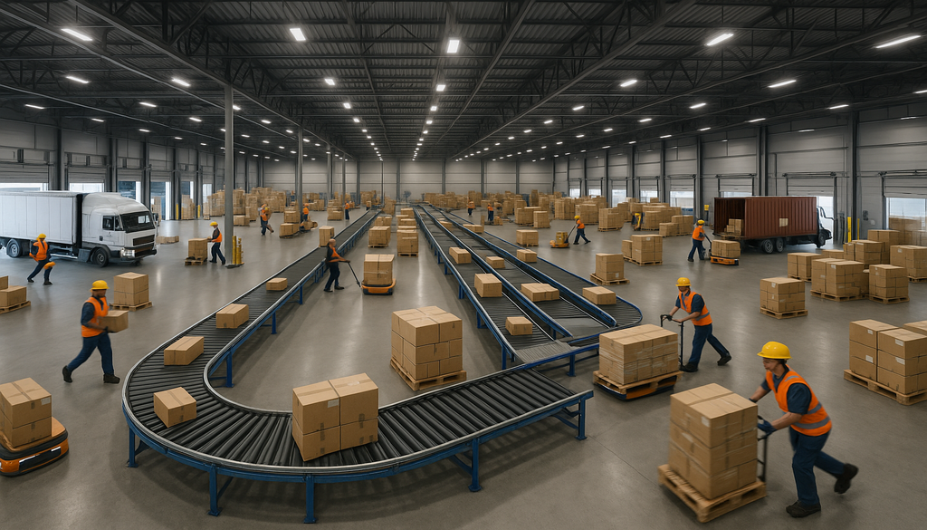 "Cross docking warehouse with workers and robots moving pallets between trucks."
