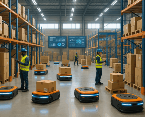 "Robotic carts and workers manage inventory in a bustling on-demand warehousing facility with glowing digital displays."