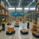 "Robotic carts and workers manage inventory in a bustling on-demand warehousing facility with glowing digital displays."