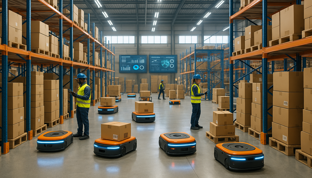 "Robotic carts and workers manage inventory in a bustling on-demand warehousing facility with glowing digital displays."