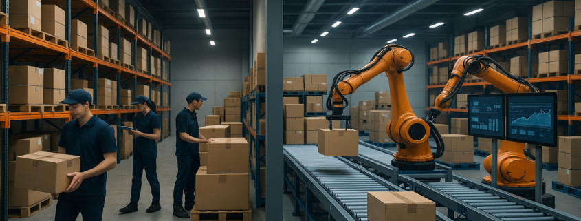 "Contrasting modern warehouse with manual operations and advanced Good Enough Tech automation."