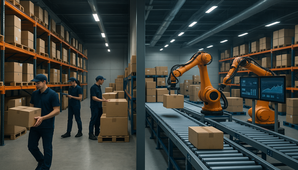 "Contrasting modern warehouse with manual operations and advanced Good Enough Tech automation."