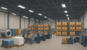 "Wide warehouse interior segmented into zones for materials, assembly, finished goods, and maintenance tools."