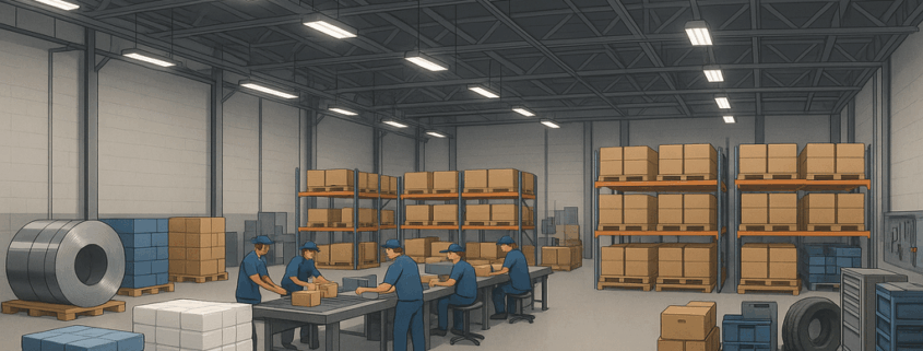 "Wide warehouse interior segmented into zones for materials, assembly, finished goods, and maintenance tools."