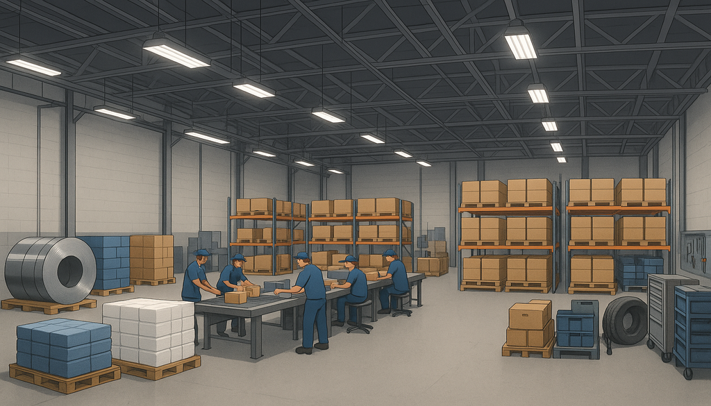 "Wide warehouse interior segmented into zones for materials, assembly, finished goods, and maintenance tools."