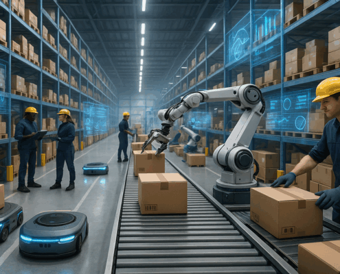"Autonomous robots and AI robotic arms sorting packages in a futuristic order fulfillment warehouse."