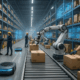 "Autonomous robots and AI robotic arms sorting packages in a futuristic order fulfillment warehouse."