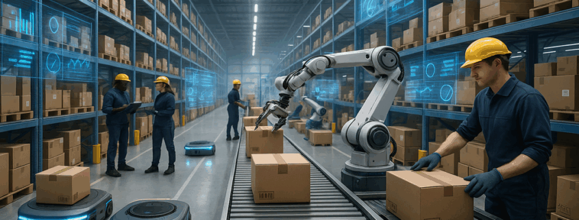 "Autonomous robots and AI robotic arms sorting packages in a futuristic order fulfillment warehouse."